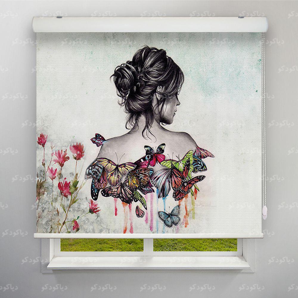 عکس محصول پرده شید طرح هنری دختر و پروانه ها آبرنگی کد ART-05