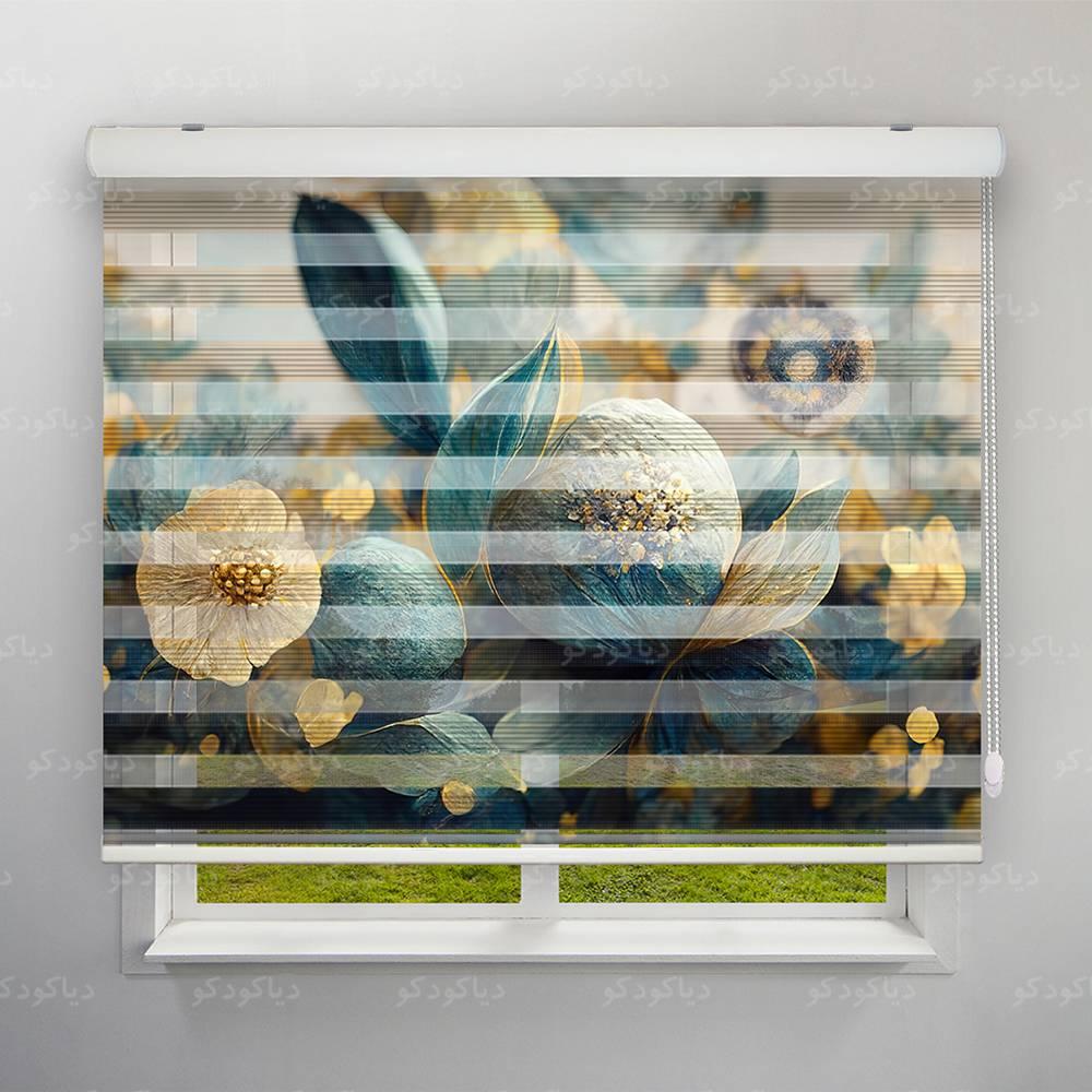 عکس محصول پرده زبرا پلیسه طرح گل طلایی 4K کد FLW-12
