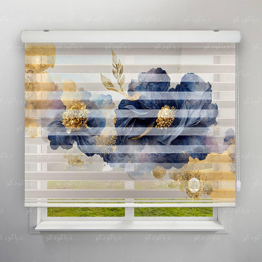 عکس محصول پرده زبرا پلیسه طرح گل طلایی 4K کد FLW-14