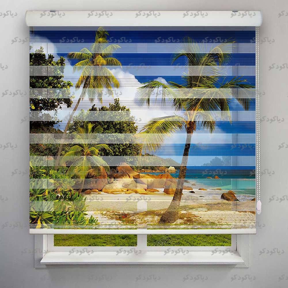 عکس محصول پرده زبرا پلیسه طرح طبیعت نخل و ساحل کد NAT-05