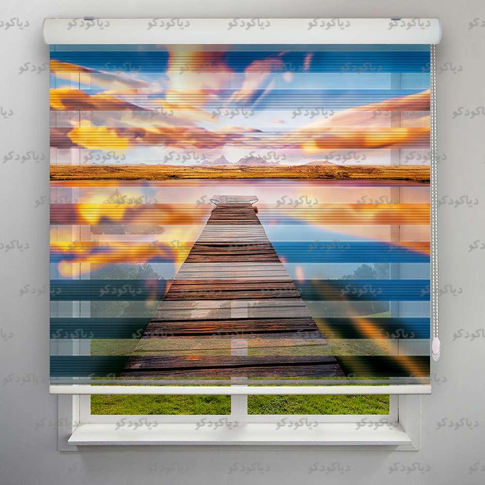 عکس محصول پرده زبرا پلیسه طرح طبیعت پل چوبی و غروب ساحل کد NAT-07