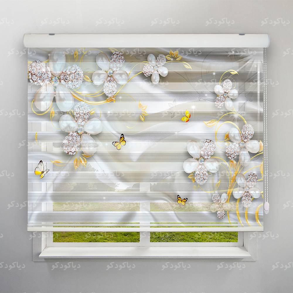 عکس محصول پرده زبرا پلیسه طرح 3D گل های نگین دار کد FLW-22