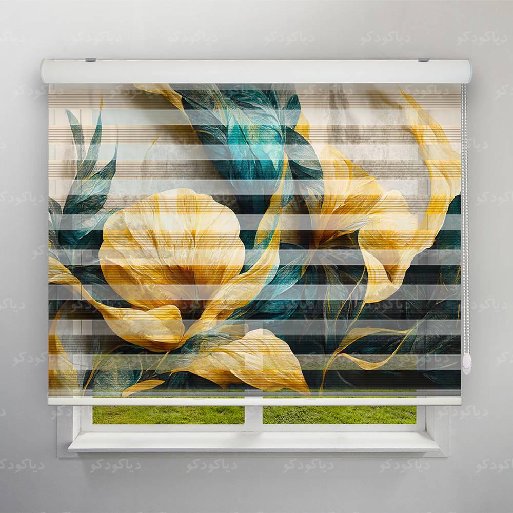 عکس محصول پرده زبرا پلیسه طرح گل طلایی 4K کد FLW-04